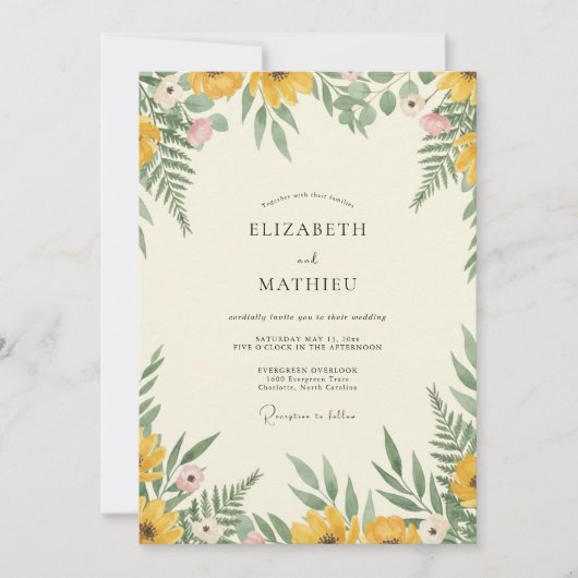 Invitation Mariage Crème Fleur Sauvage Dorée (Devant)