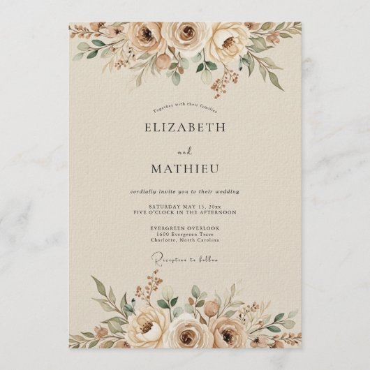 Invitation Mariage Crème Floral Éthéré (Devant)
