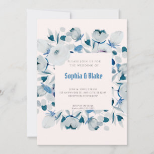 Invitation Mariage Crème Floral Moderne Bleu et Blanc Cadre