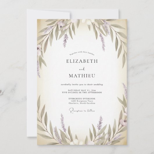 Invitation Mariage Crème Olive Lilas Feuille (Devant)