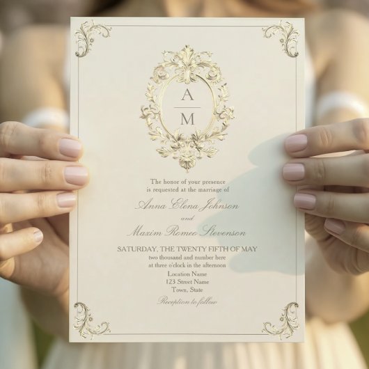 Invitation Mariage Crème Or Baroque Vintage