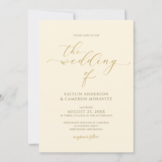 Invitation Mariage Crème & Or Élégant Calligraphie Script (Devant)