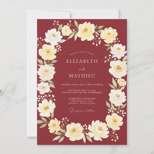 Invitation Mariage Crème Pétales Vin (Devant)