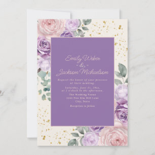 Invitation Mariage Crème Rose Lilas Paillettes Floral Or