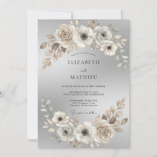 Invitation Mariage Crème Sépia Pivoine
