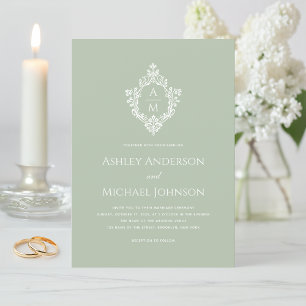 Invitation Mariage Crest Sage Vert Vintage Élégant Monogramme