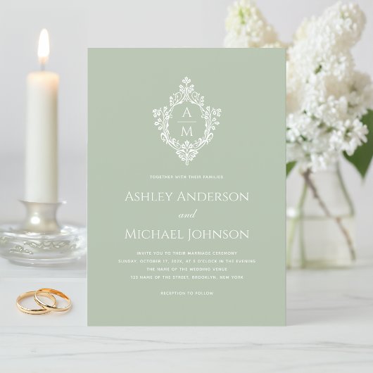 Invitation Mariage Crest Sage Vert Vintage Élégant Monogramme