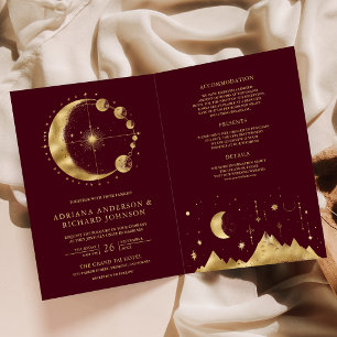 Invitation Mariage Croissant de Lune Doré Bourgogne Céleste