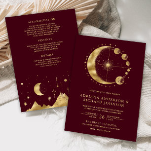 Invitation Mariage Croissant de Lune Doré Bourgogne Céleste
