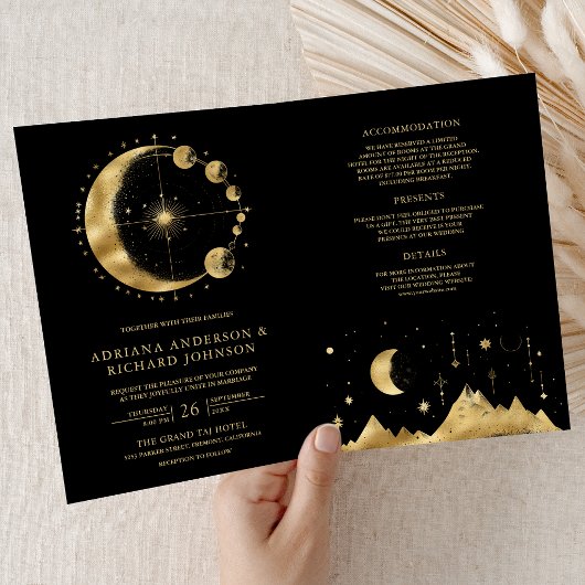 Invitation Mariage Croissant de Lune Phases Or Noir Céleste