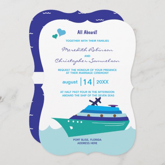 Invitation Mariage Cruise Ship All Aboard Blue Ship Hearts (Devant / Derrière)