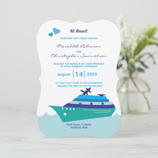 Invitation Mariage Cruise Ship All Aboard Blue Ship Hearts (Debout devant)