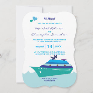 Invitation Mariage Cruise Ship All Aboard Blue Ship Hearts