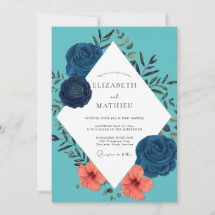 Invitation Mariage Cyan Navy Hibiscus Eucalyptus