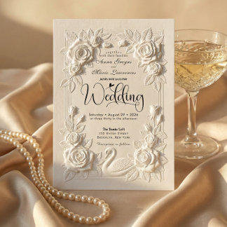 Invitation Mariage Cygne et Rose Embossé Faux Victorien