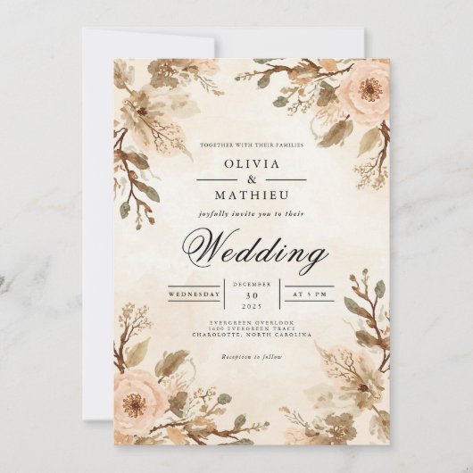 Invitation Mariage d'accentuation de fleur sépia doux (Devant)
