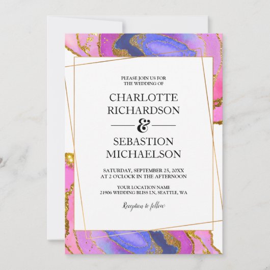 Invitation Mariage d'agate d'aquarelle rose Ombre or (Devant)