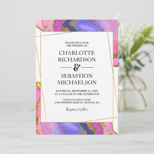 Invitation Mariage d'agate d'aquarelle rose Ombre or (Debout devant)