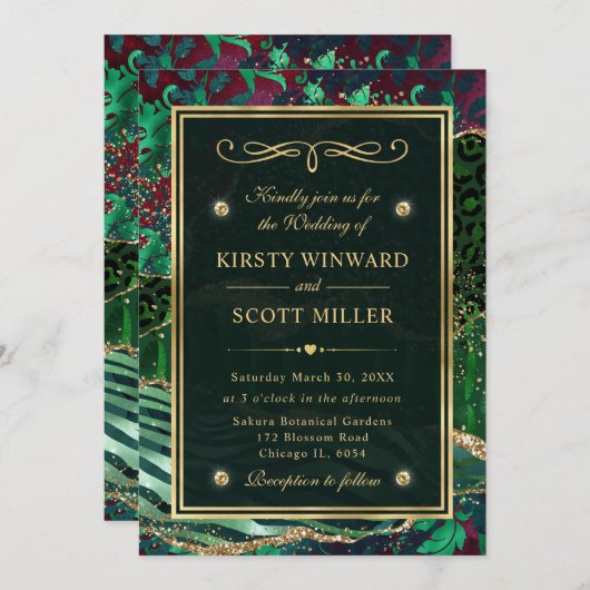 Invitation Mariage d'Agate de la Parties scintillant d'or ver (Devant / Derrière)