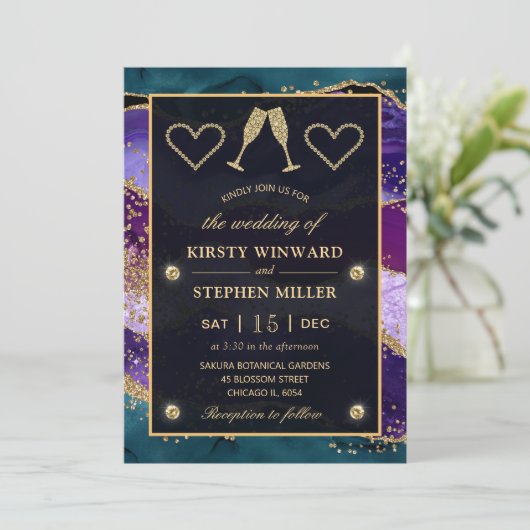 Invitation Mariage d'Agate Peacock turquoise, violet et or (Debout devant)
