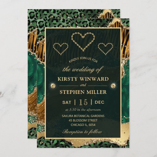 Invitation Mariage d'Agate Safari Green et Gold Jungle (Devant / Derrière)