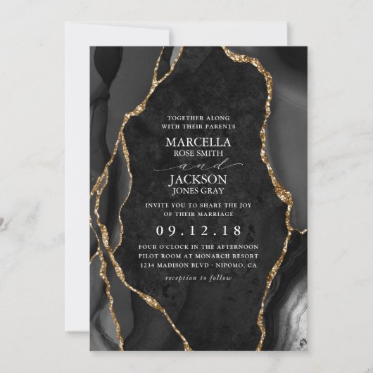 Invitation Mariage d'âge en marbre noir or (Devant)
