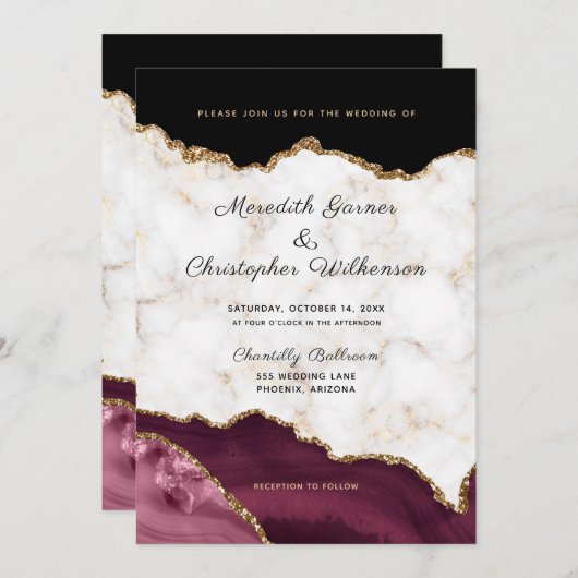 Invitation Mariage d'âge marbre or bordeaux (Devant / Derrière)