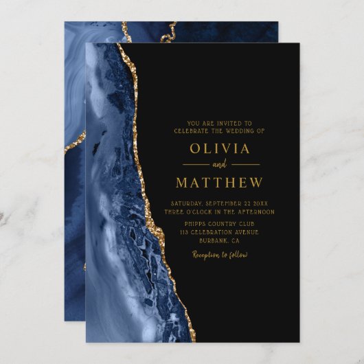 Invitation Mariage d'âge moderne classique bleu or (Devant / Derrière)