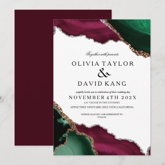 Invitation Mariage d'âge moderne de Bourgogne et vert (Devant / Derrière)