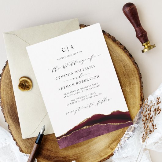 Invitation mariage d'agrafage bordeaux et or