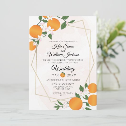 Invitation Mariage d'agrumes à fleurs orange (Debout devant)