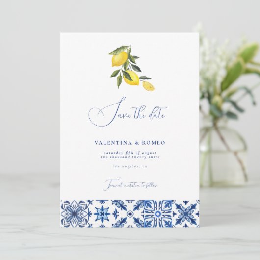 Invitation Mariage d'agrumes Bleu Méditerranée enregistrer la (Debout devant)