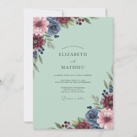 Invitation Mariage Dahlia Bourguignon Menthe (Devant)