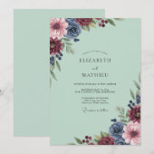 Invitation Mariage Dahlia Bourguignon Menthe (Devant / Derrière)