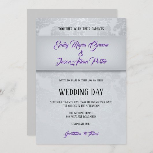 Invitation Mariage damas gris argent (Devant / Derrière)