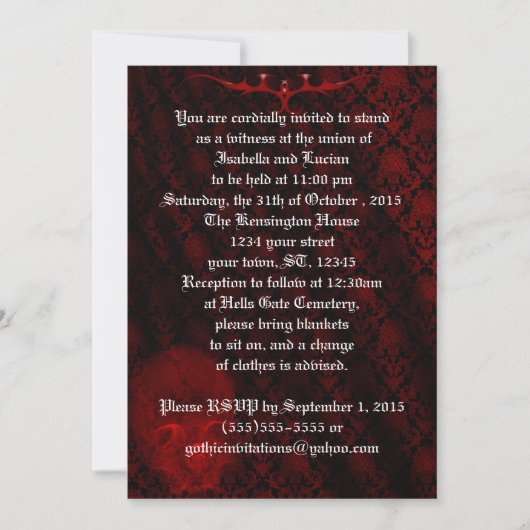 Invitation Mariage Damask Goth du crâne rouge (Devant)