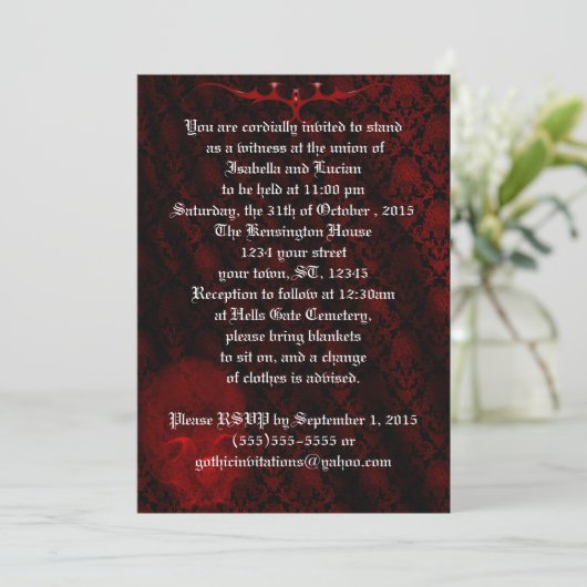 Invitation Mariage Damask Goth du crâne rouge (Debout devant)