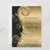 Invitation Mariage Damask Noir Et Doré Tourbillon Doré (Devant)
