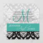 Invitation Mariage Damask Nom du monogramme Turquoise Invitat (Devant / Derrière)