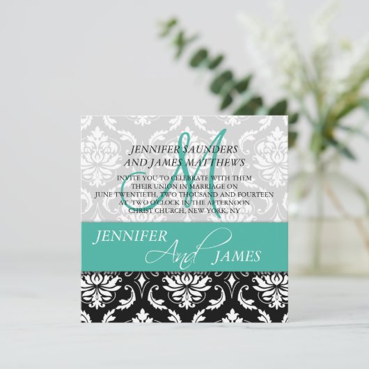 Invitation Mariage Damask Nom du monogramme Turquoise Invitat (Debout devant)