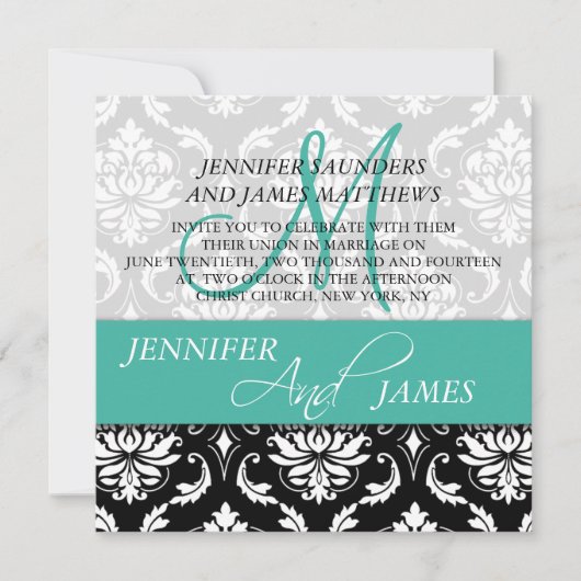 Invitation Mariage Damask Nom du monogramme Turquoise Invitat (Devant)