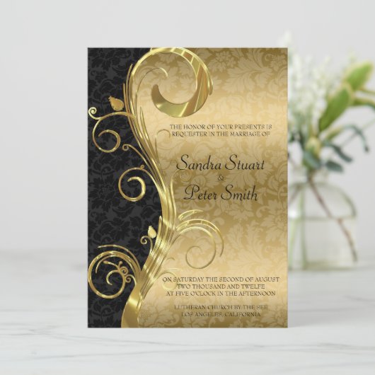 Invitation Mariage Damask Or Tourbillon Et Or Noir (Debout devant)