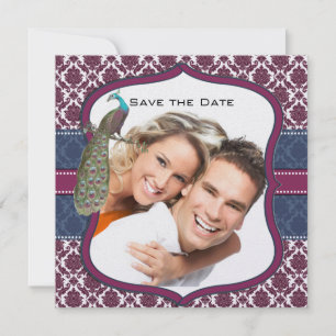 Invitation Mariage damask paon élégant Navy & Berry Berry