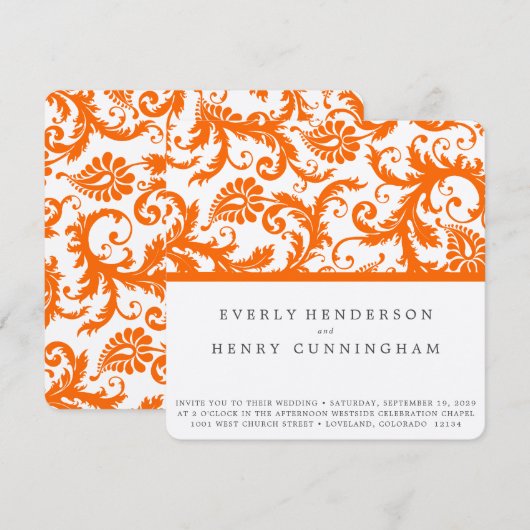 Invitation Mariage Damask Terracotta Corail Orange (Devant / Derrière)