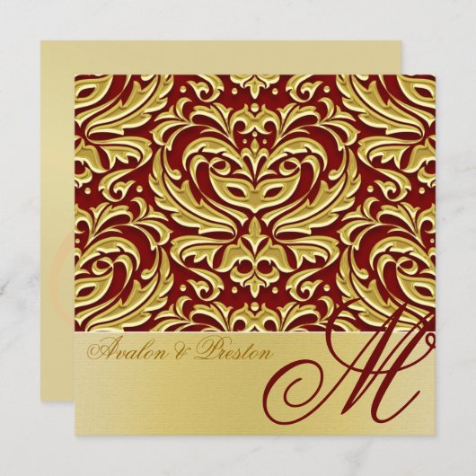 Invitation Mariage damassé au monogramme Gold Meta (Devant / Derrière)