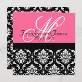 Invitation Mariage damassé au monogramme rose chau (Devant / Derrière)