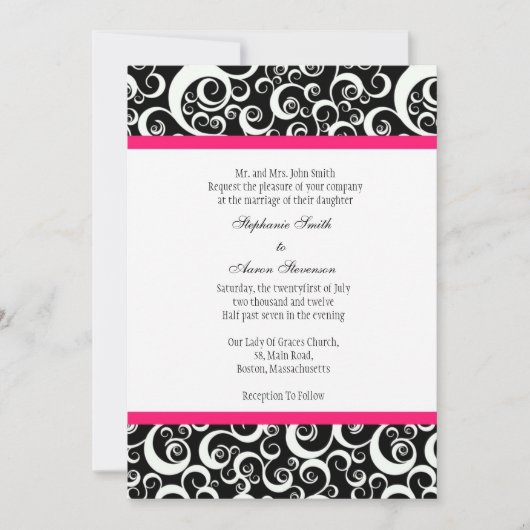 Invitation mariage damassé avec Hot Pink (Devant)