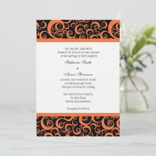 Invitation mariage damassé avec Orange (Debout devant)