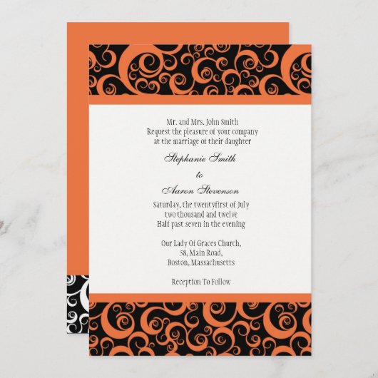 Invitation mariage damassé avec Orange (Devant / Derrière)