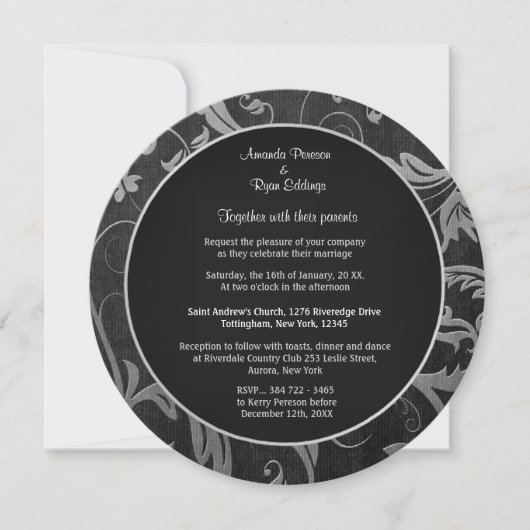 Invitation Mariage damassé Black et Silver Round (Devant)